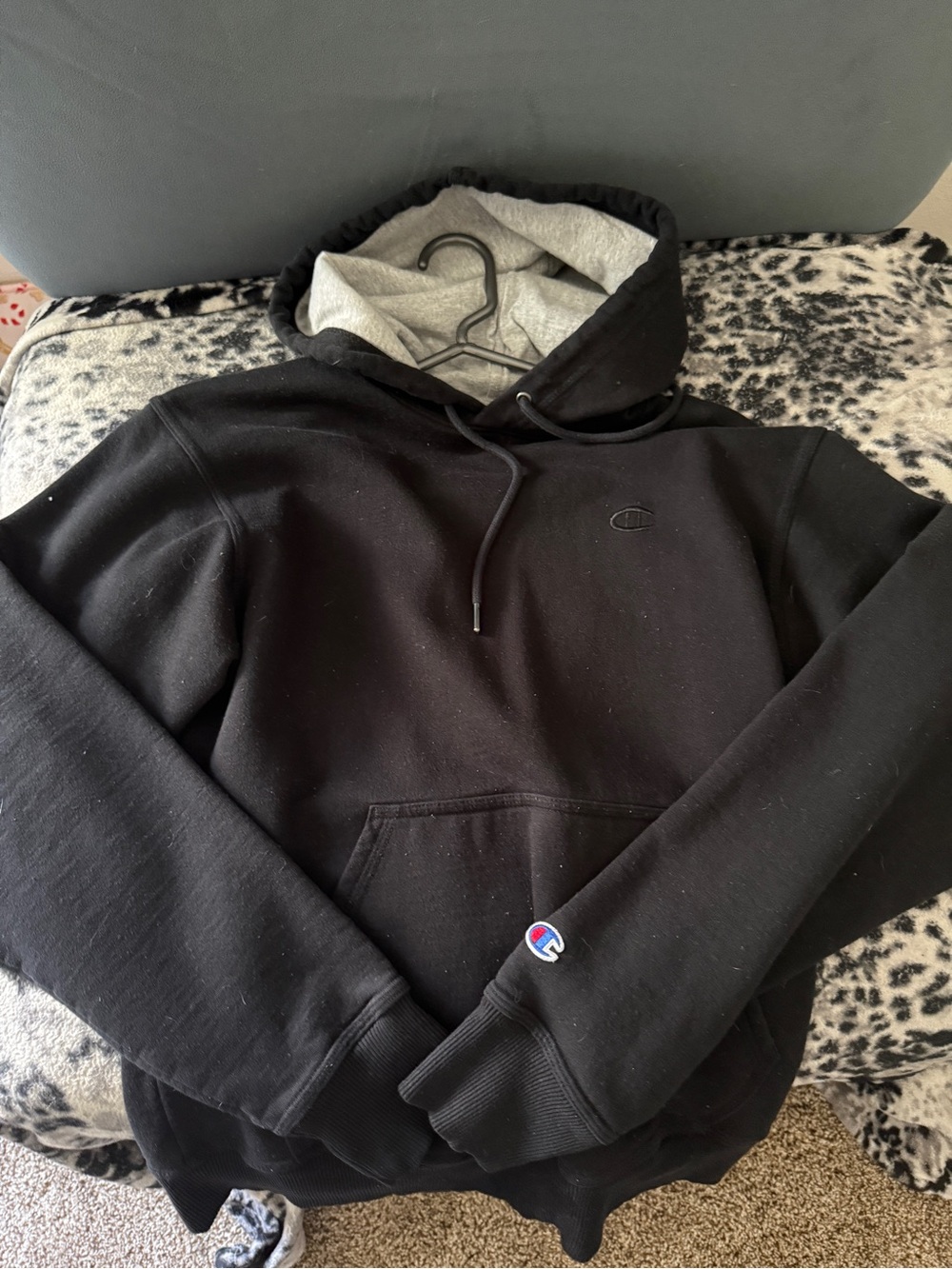Champion Black Pullover Hoodie Gray Lined Hood Unisex Size Small